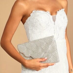 NWT Lulu's Touch of Brilliance Silver Beaded Clutch Bag w/ Chain Wedding Event
